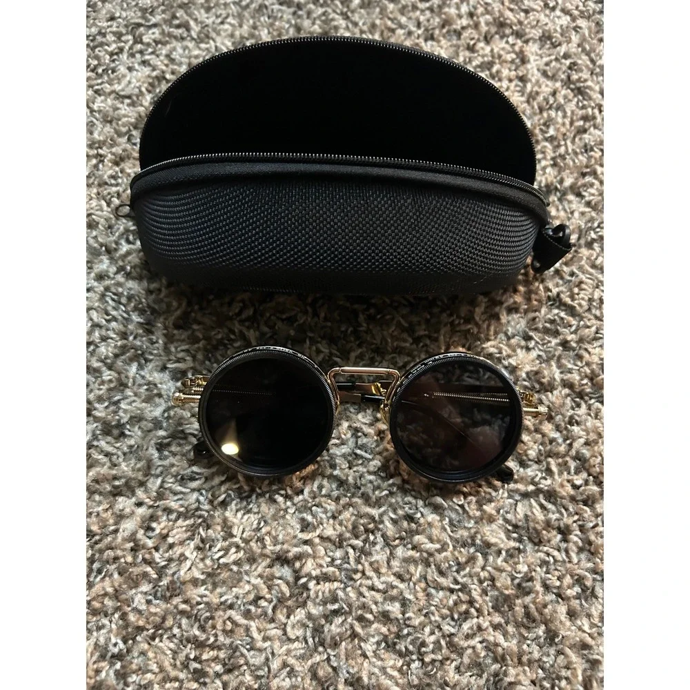 Steampunk Round Sunglasses Gold Black Metal Frame Retro Cyberpunk Goggles